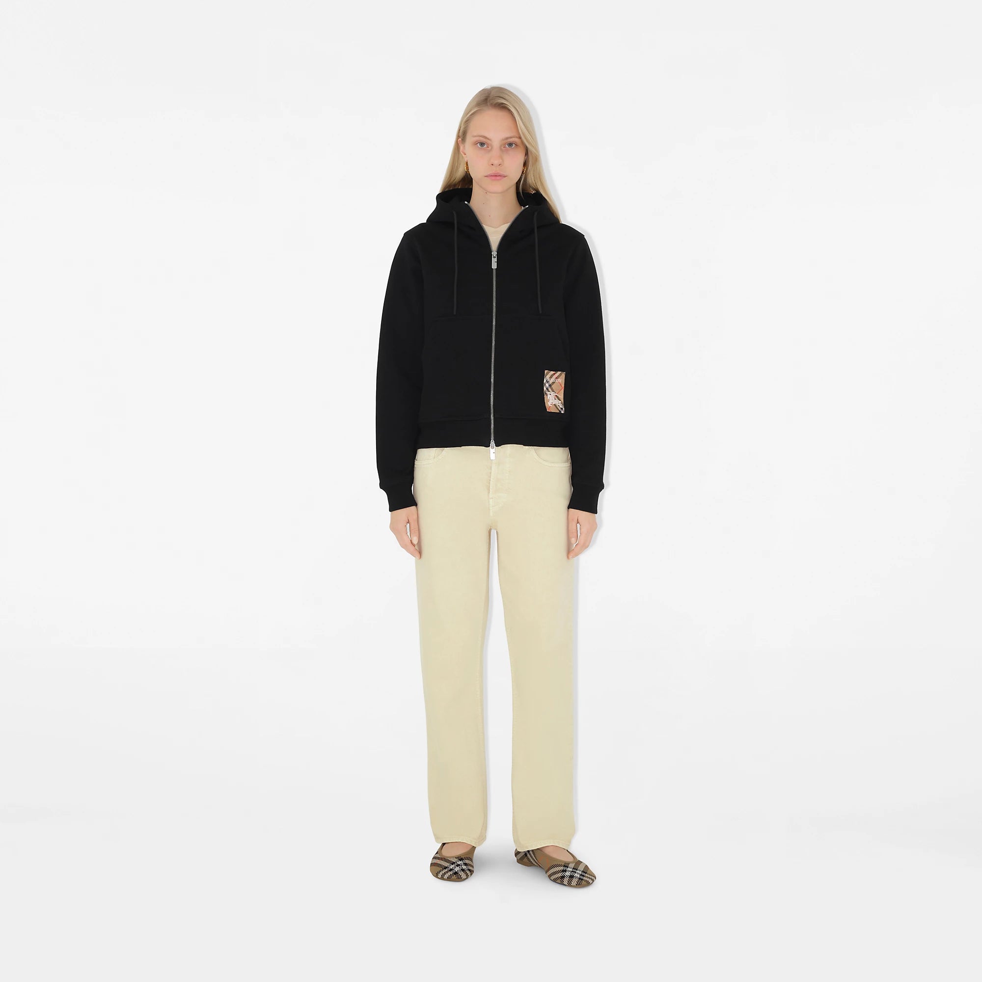 Check Label Cotton Zip Hoodie